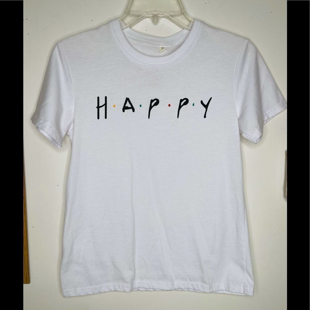 Womens HAPPY Fun Tee White T-Shirt Womens Size Small